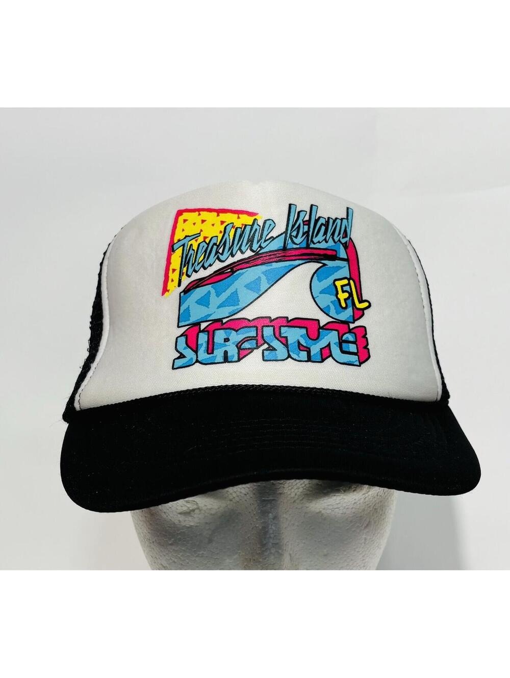 Vintage Treasure Island FL Surf Style 90s Trucker Hat Snapback Neon Wave Cap